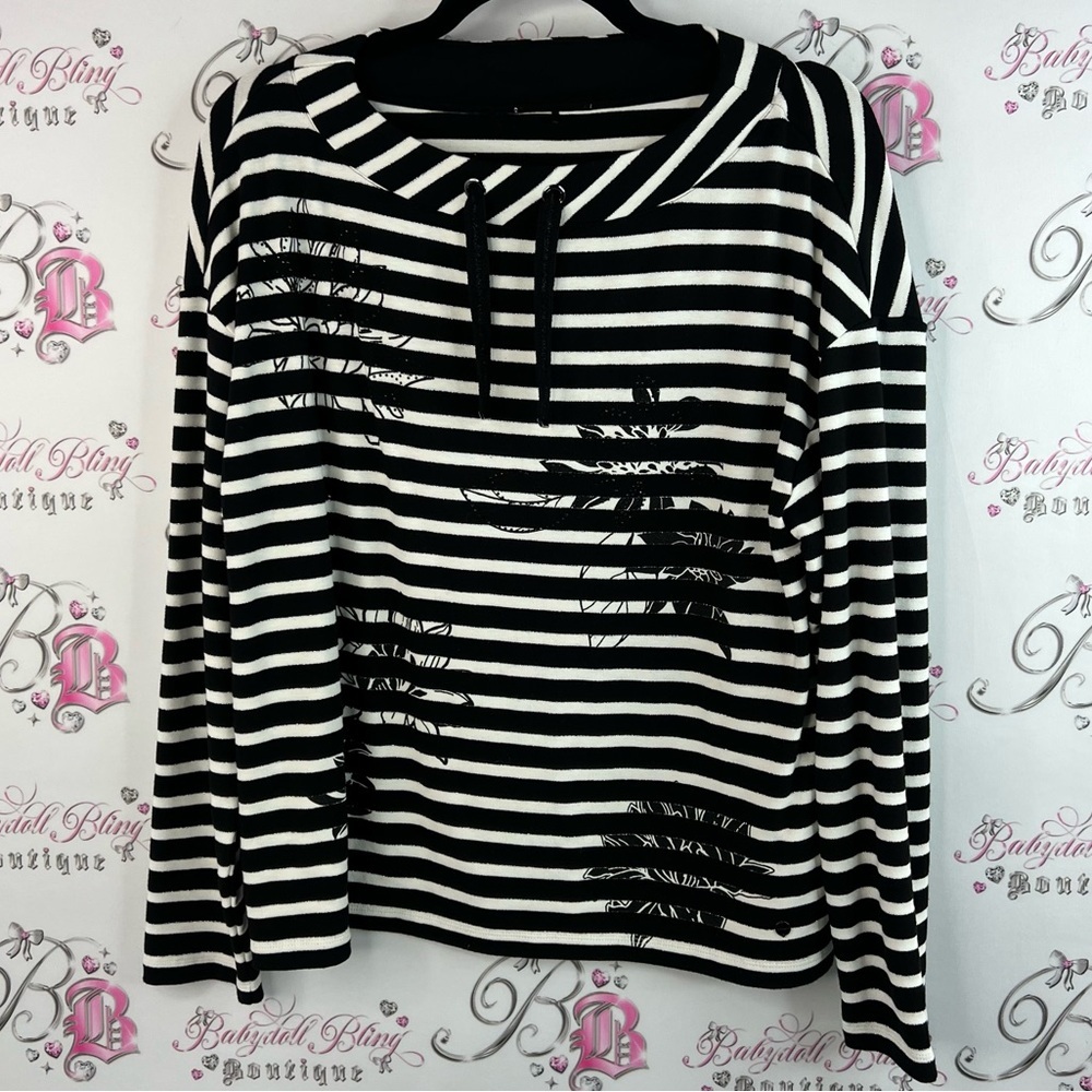 Cora jersey relaxed fit sweater Striped Black and White Women's Top rhinestone
